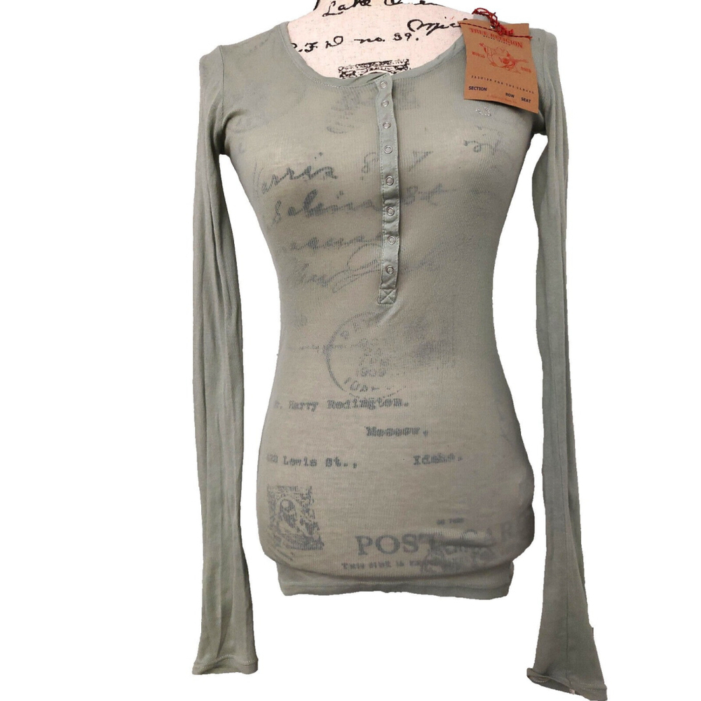 True Religion Long Sleeve Crystal Kristen Green Cotton Henley Shirt XS - Picture 10 of 12